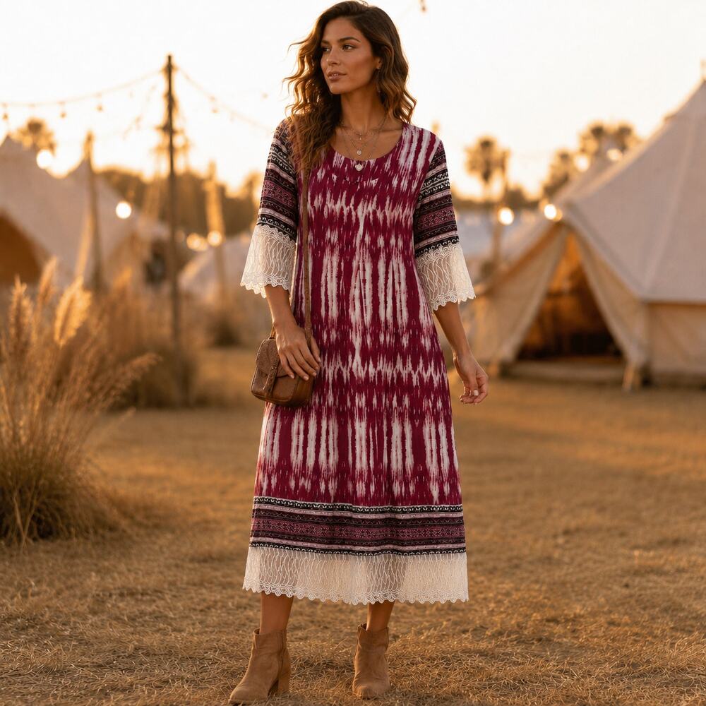 Boho Festival Lace Midi Sheath Dress Sz Ikat Handmade Global Hippie Lagenlook